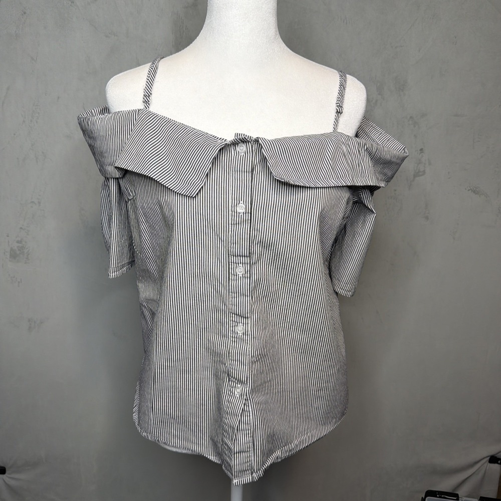 Active USA Off Shoulder Blouse Women's Medium Black White Stripe 100% Cotton